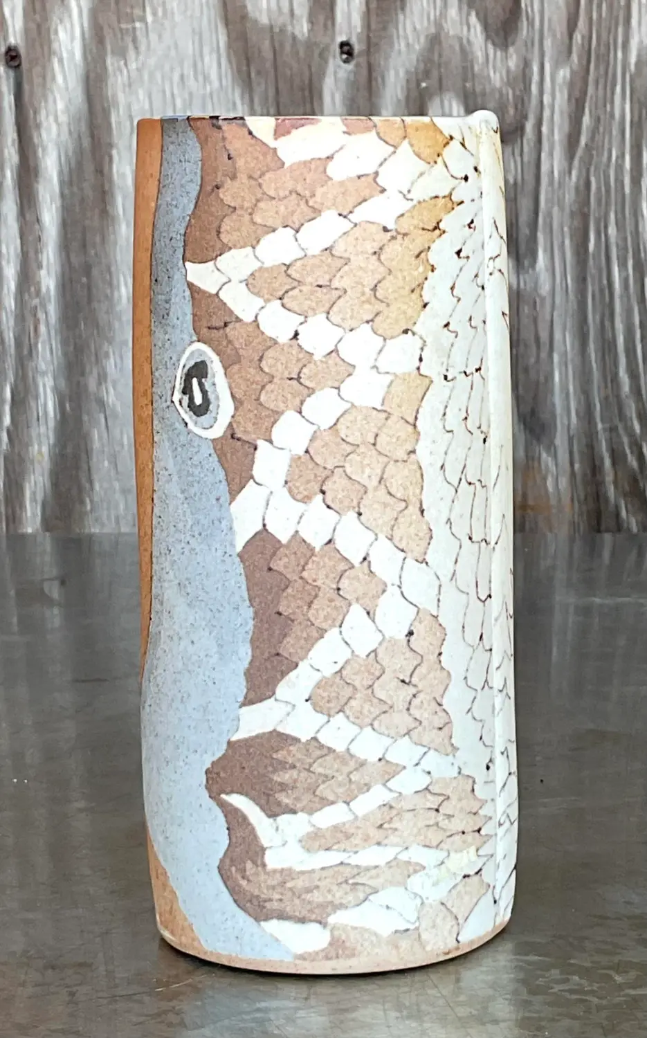 Vintage Boho Slab Built Studio Pottery Vase - Pottery, 2.75W x 6.5H - Side view
