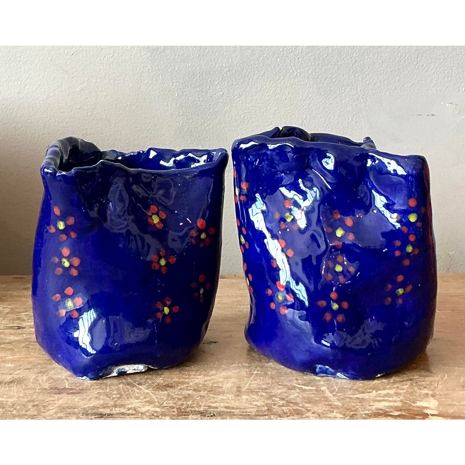 Vintage Boho Studio Pottery Flowers Vase - Set of 2 - Back view