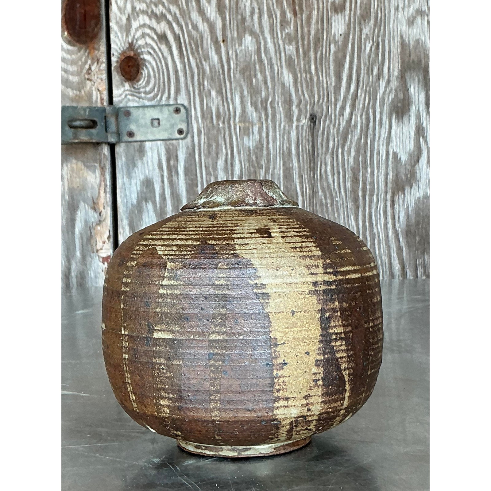 Vintage Boho Studio Pottery Vase - Stone, 5.25W x 5.25H - Back view