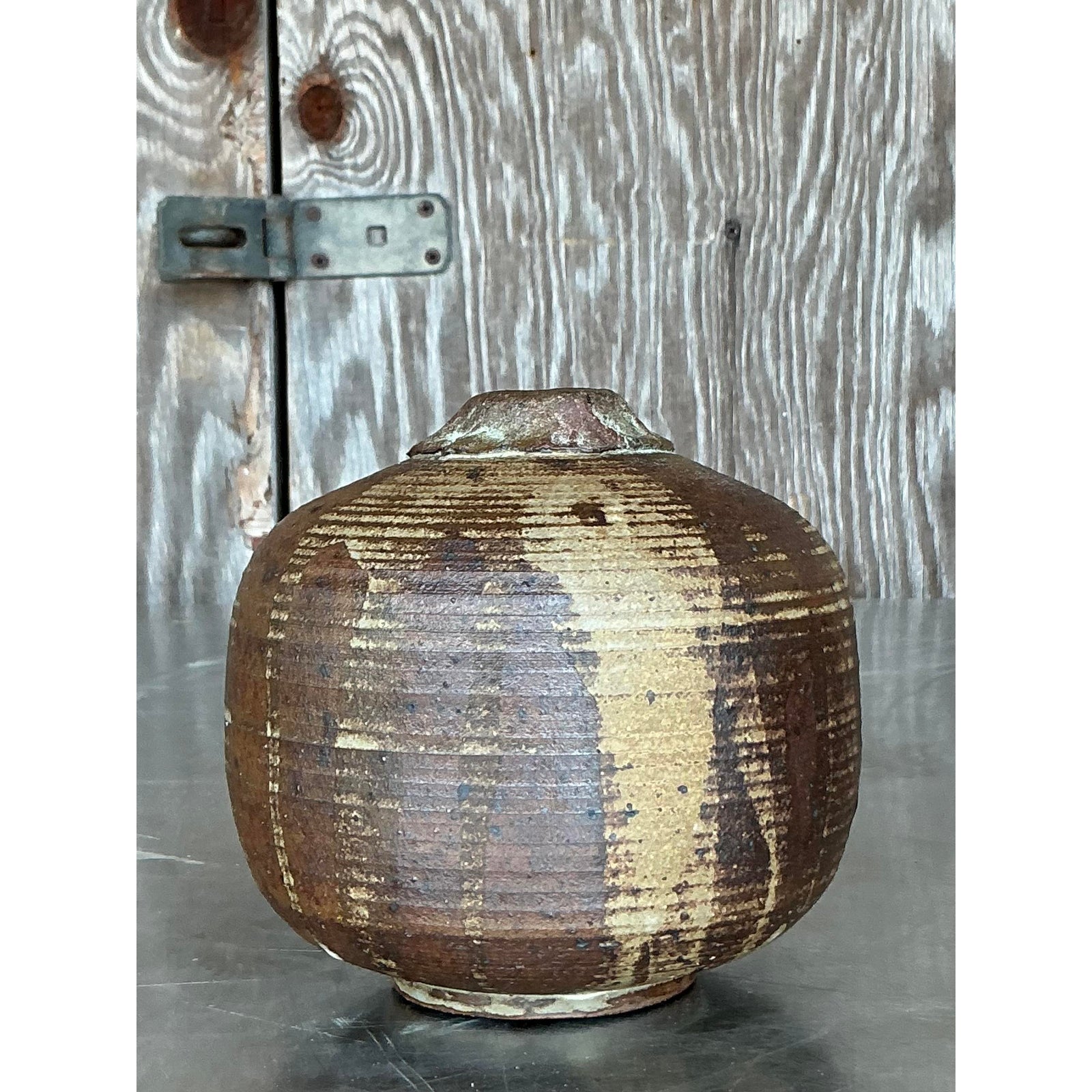 Vintage Boho Studio Pottery Vase - Stone, 5.25W x 5.25H - Top view