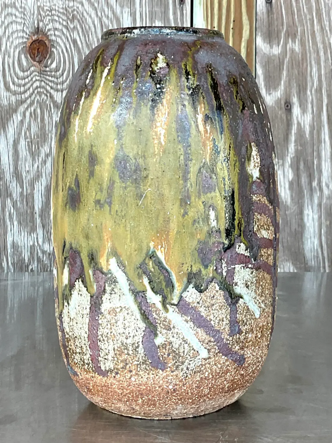 Vintage Boho Studio Pottery Vase - Pottery, 5.75W x 10.5H - Back view