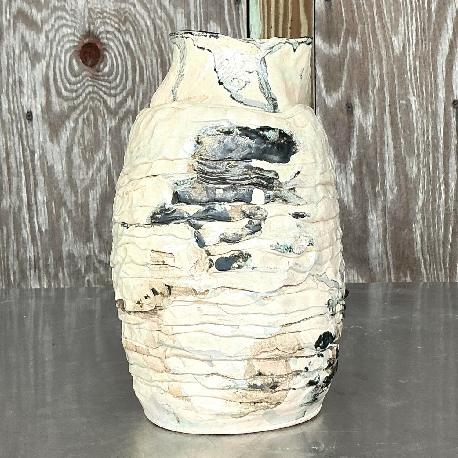 Vintage Boho Studio Pottery Vase - Pottery, 5.5W x 9.25H - Top view