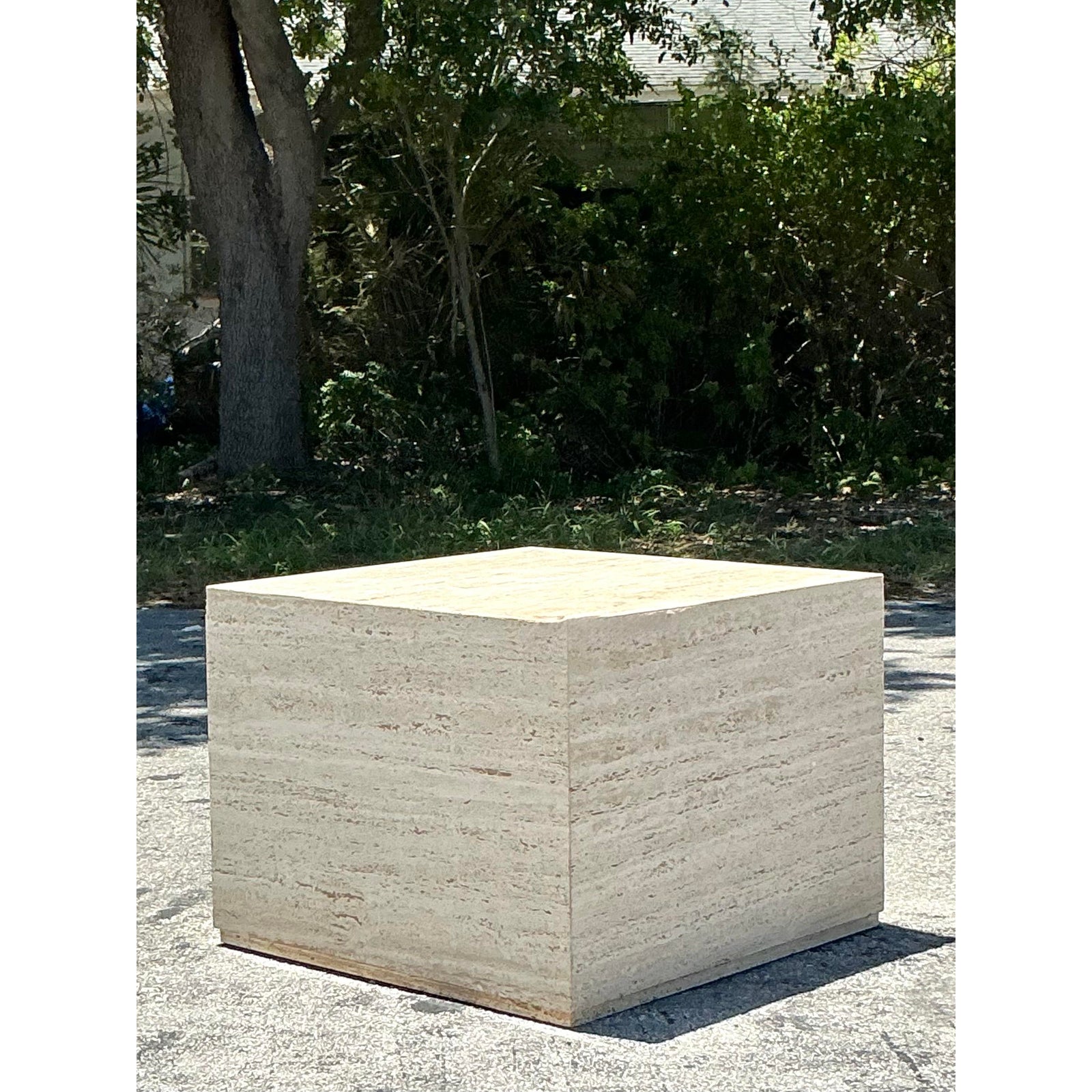 Vintage Boho Travertine Cube Side Table - Side view