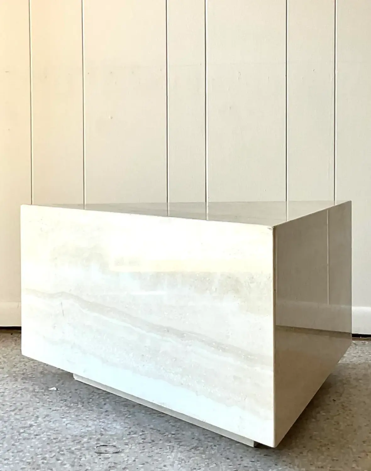 Vintage Boho Triangle Travertine Side Table - Top view