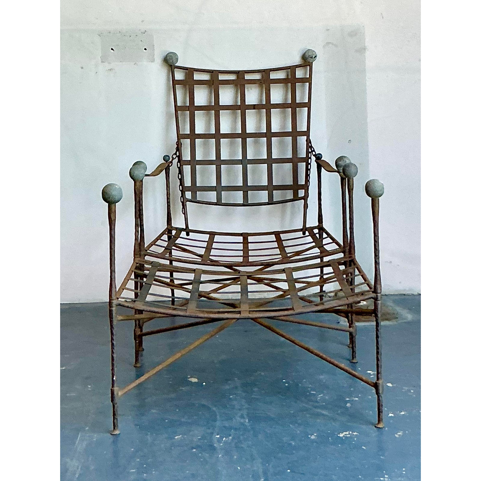Vintage Boho Wrought Iron Lounge Chair and Ottoman After Tempestini, 2 Pieces - Back view