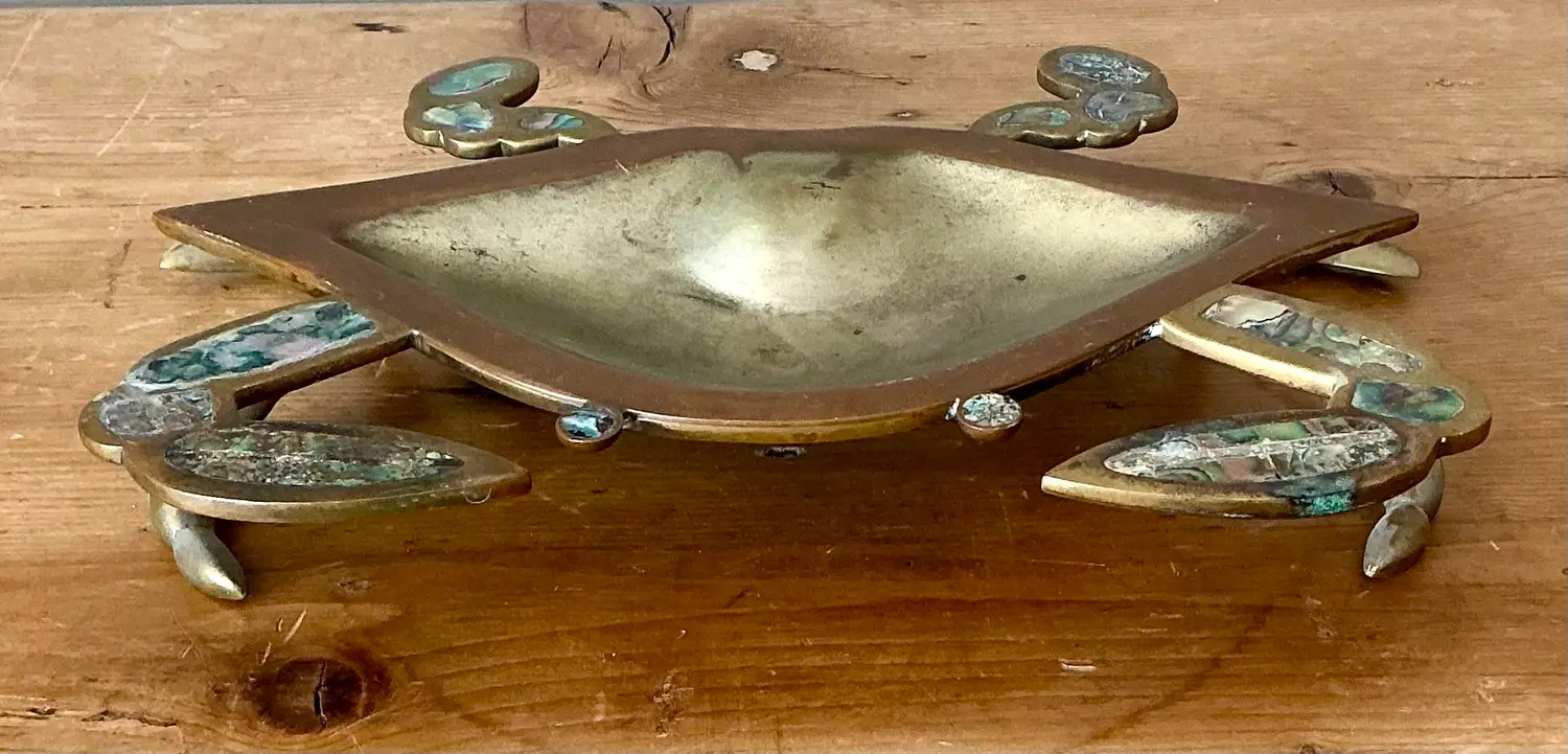 Vintage Brass Crab Bowl With Mother of Pearl Inlay