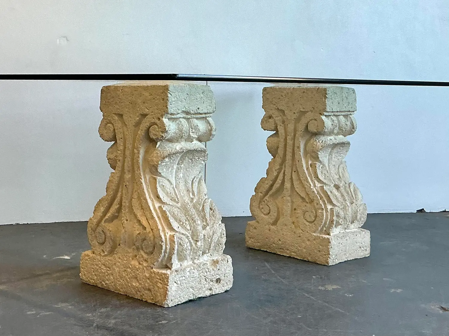 Vintage Carved Coquina Stone Pedestal Dining Table