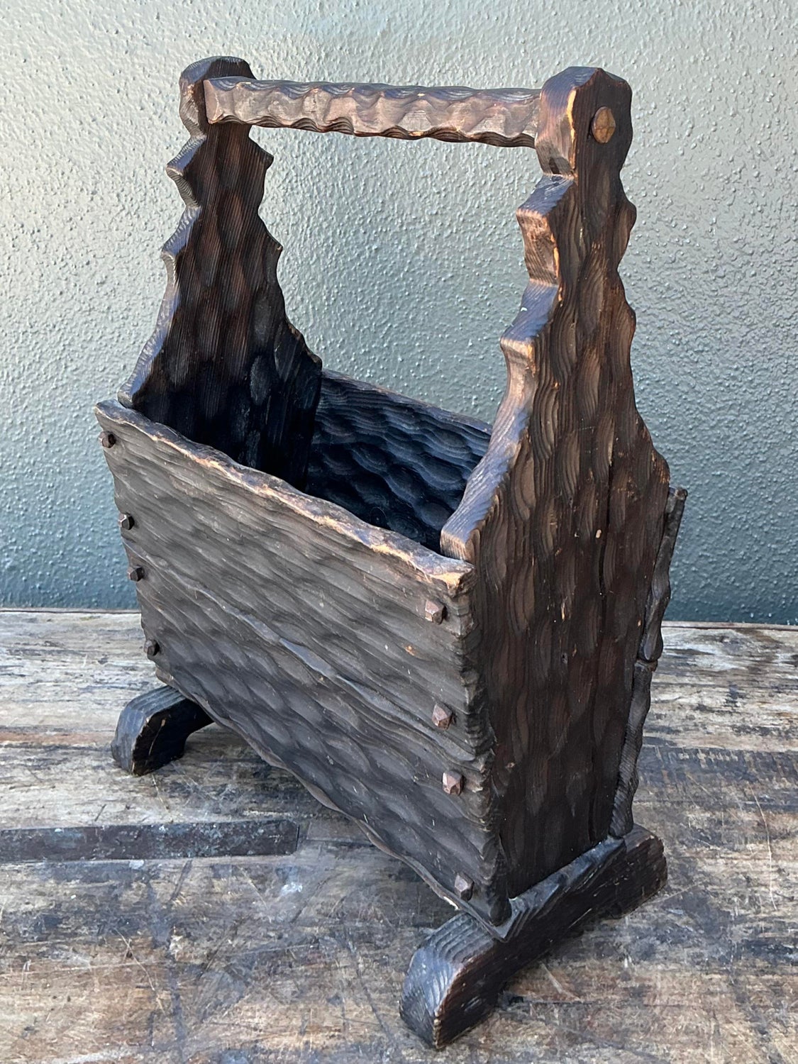 Vintage Carved Pine Wood Basket