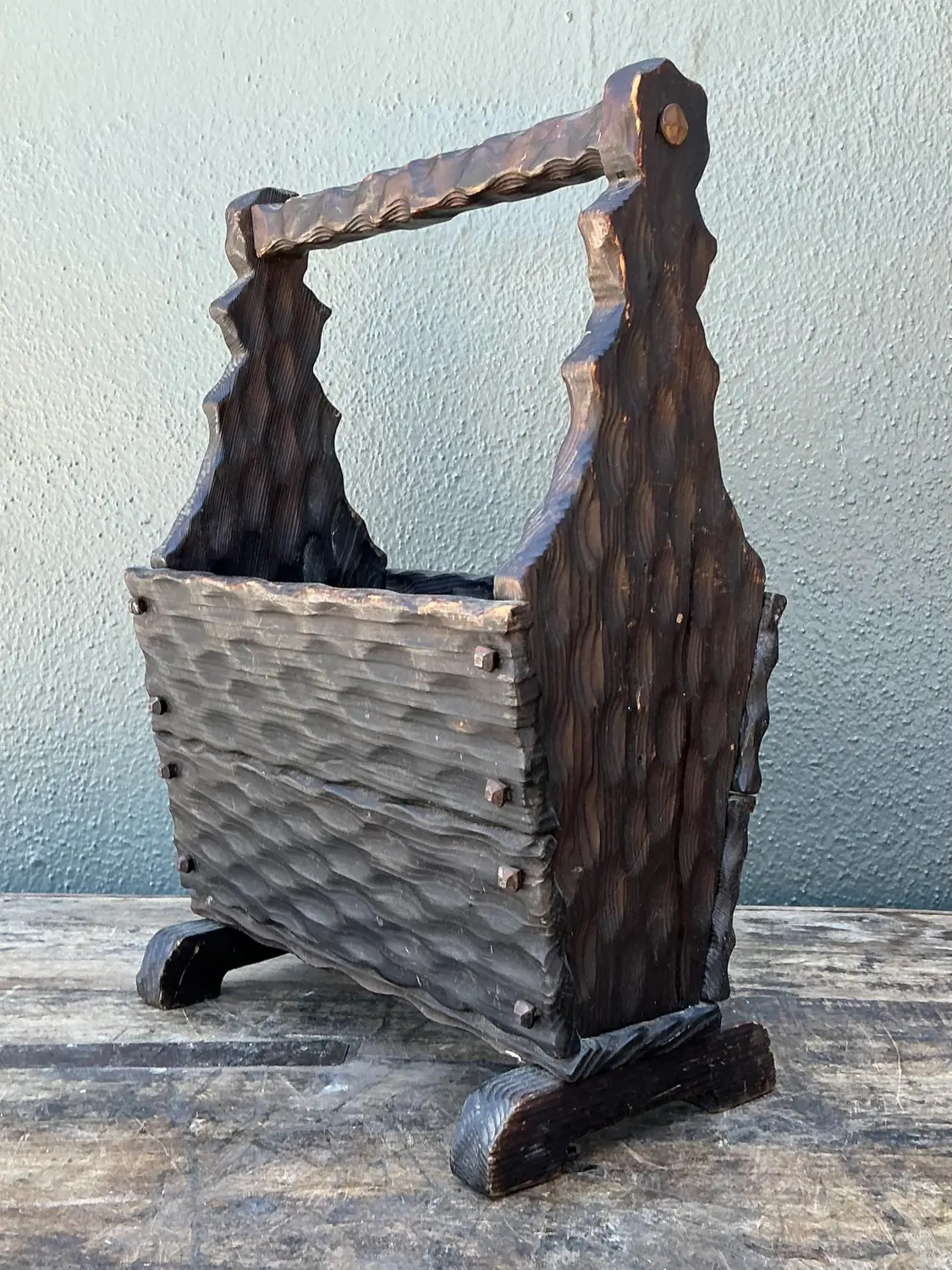Vintage Carved Pine Wood Basket - Detail view