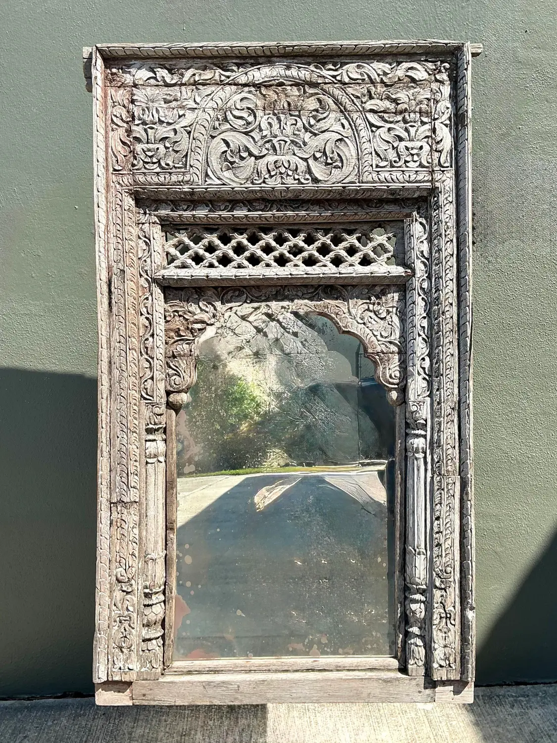Vintage Carved Wood Distressed Arch Mirror