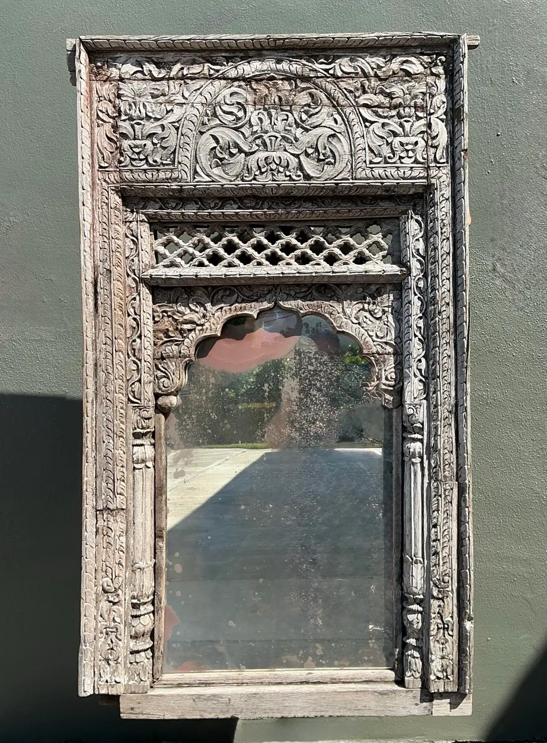 Vintage Carved Wood Distressed Arch Mirror - Back view