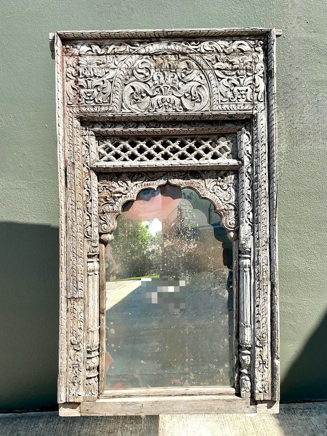 Vintage Carved Wood Distressed Arch Mirror - Top view