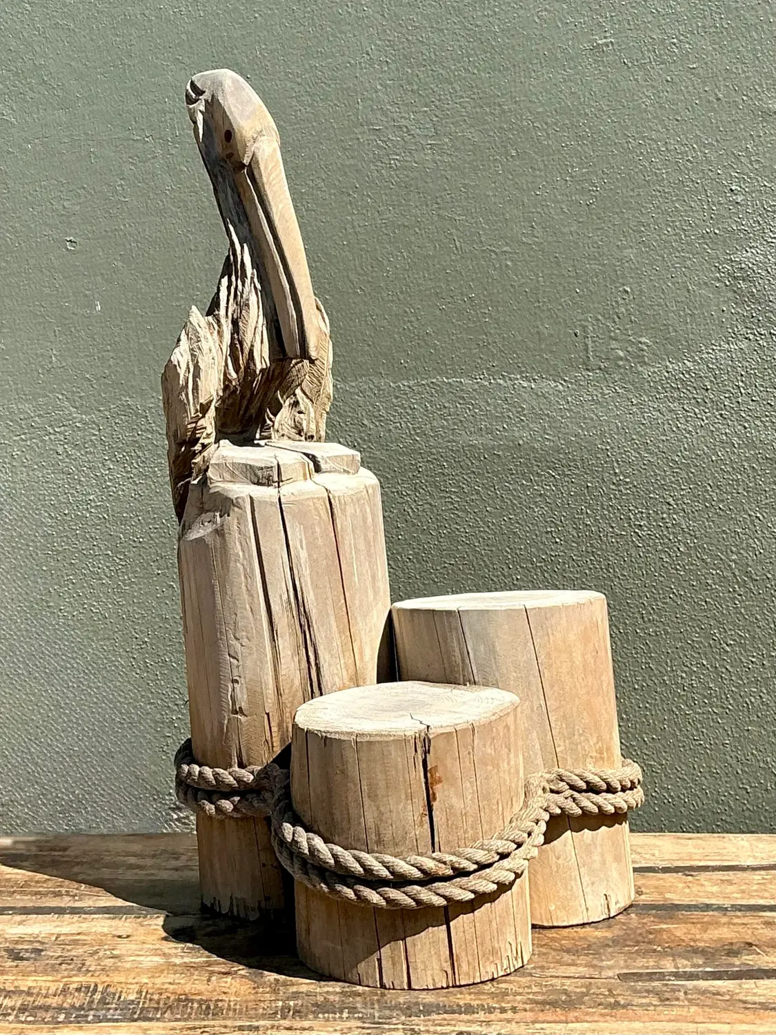 Vintage Carved Wood Pelican on the Docks - Detail view