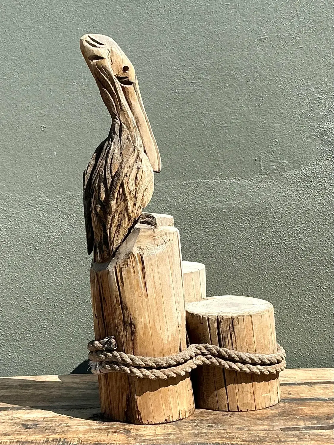 Vintage Carved Wood Pelican on the Docks - Back view