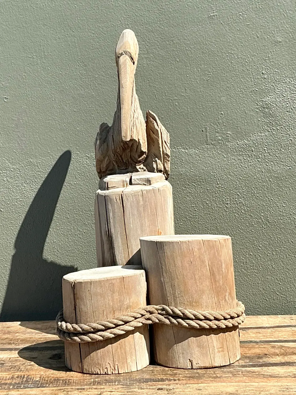 Vintage Carved Wood Pelican on the Docks - Top view