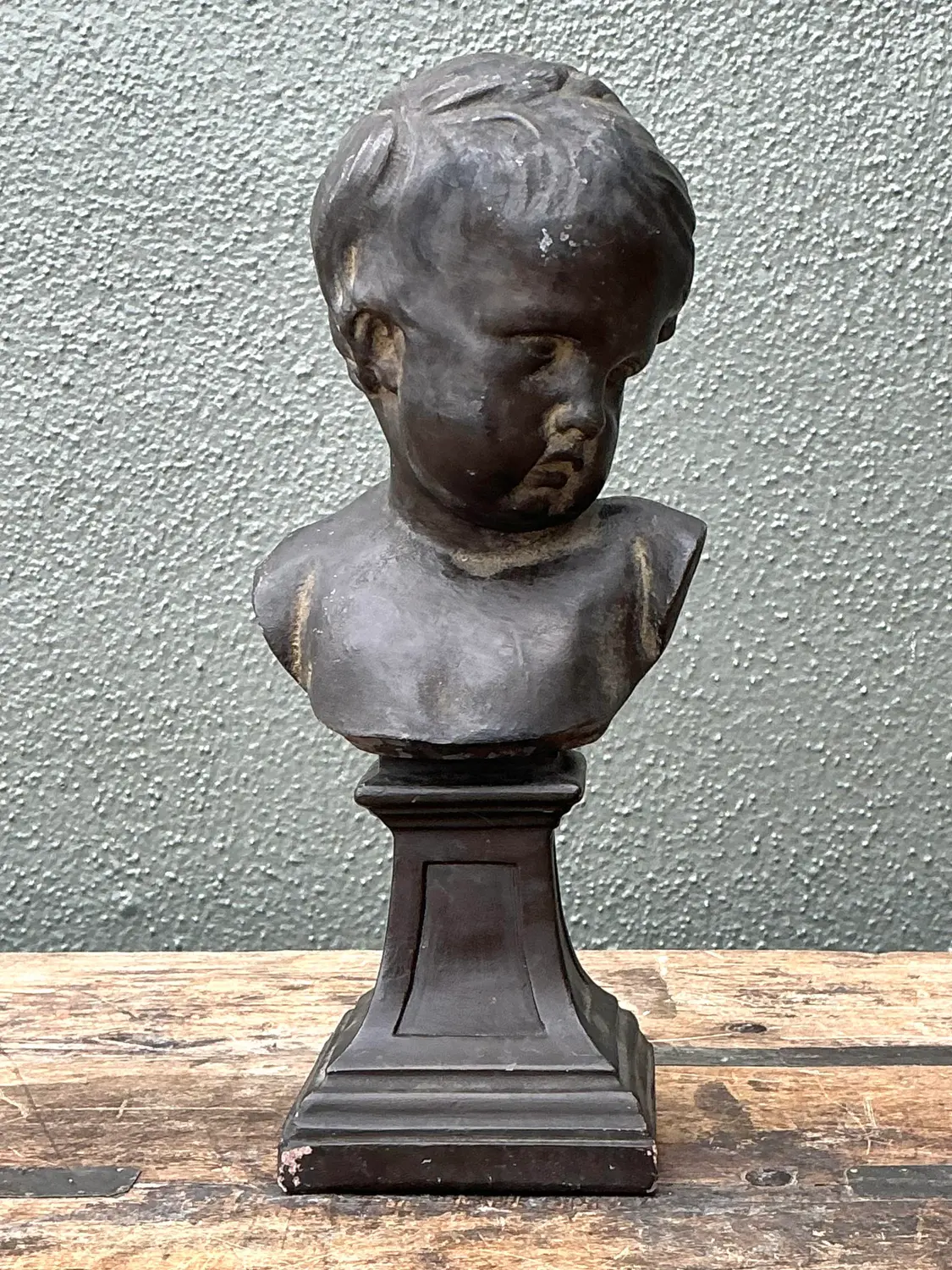 Vintage Cast Bronze Bust of Baby - Detail view