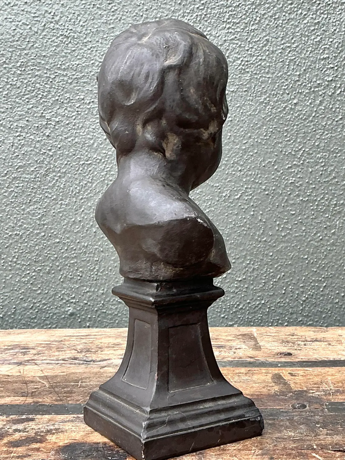 Vintage Cast Bronze Bust of Baby - Side view