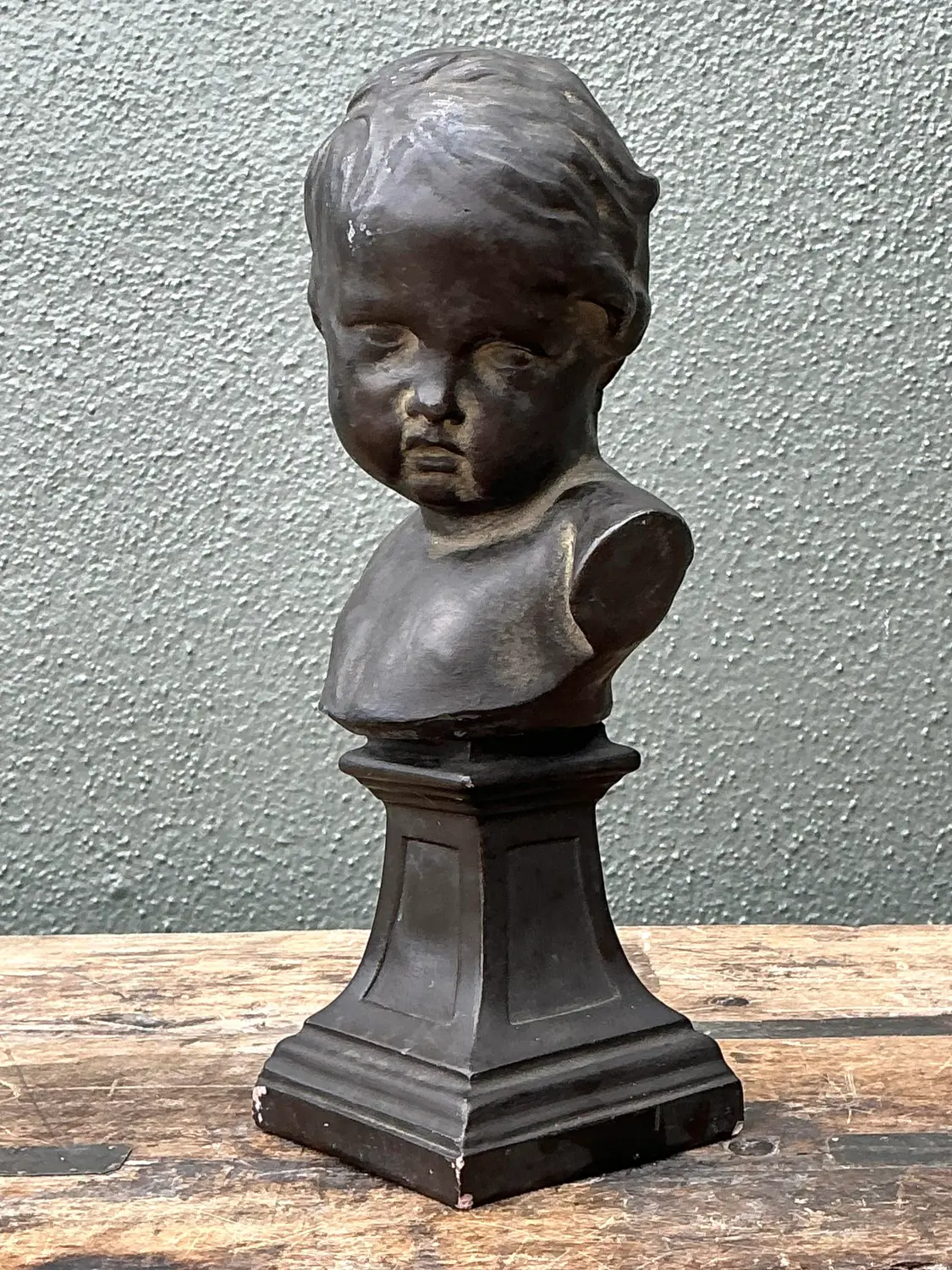 Vintage Cast Bronze Bust of Baby - Top view