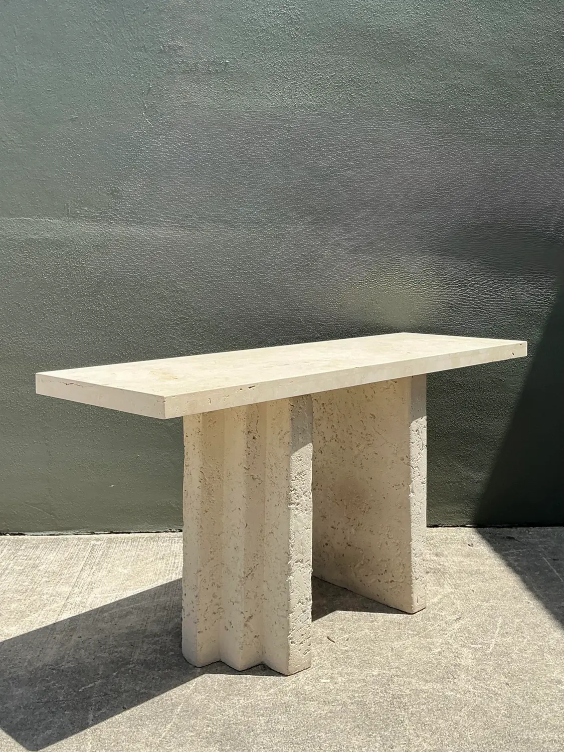 Vintage Cast Concrete and Travertine Console Table - Detail view