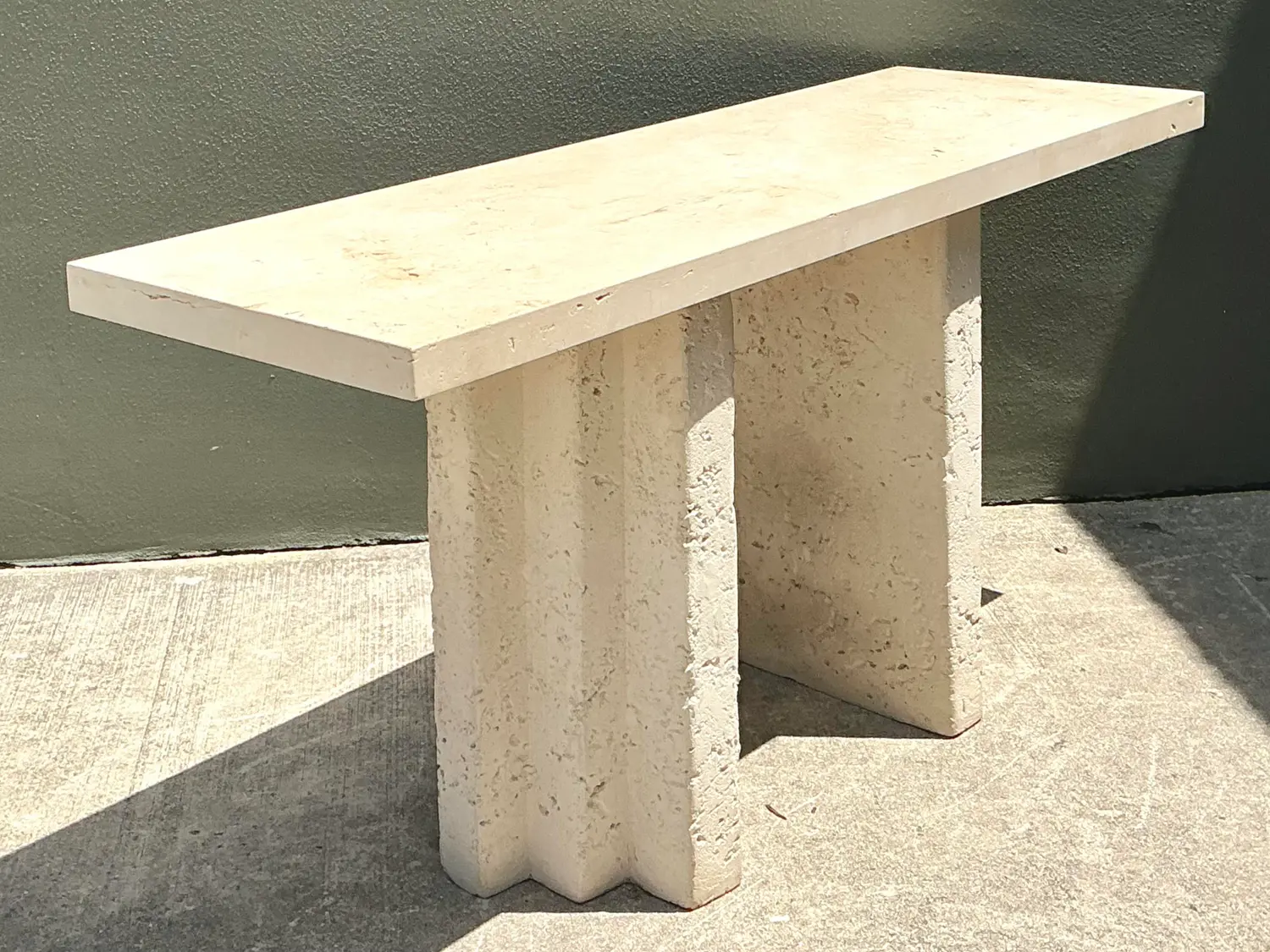 Vintage Cast Concrete and Travertine Console Table - Side view