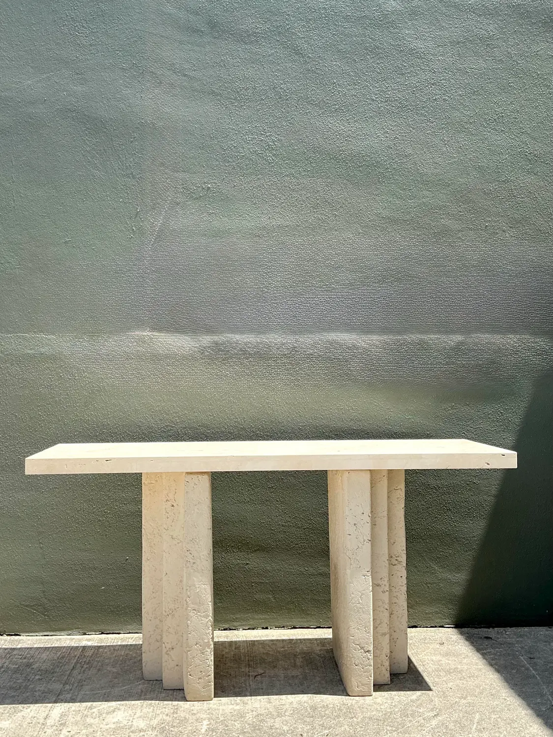 Vintage Cast Concrete and Travertine Console Table - Back view