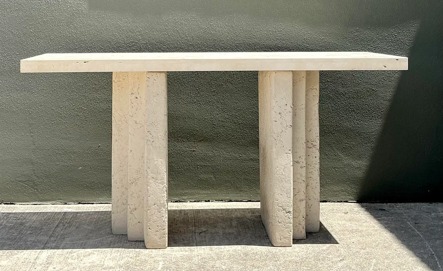 Vintage Cast Concrete and Travertine Console Table - Top view