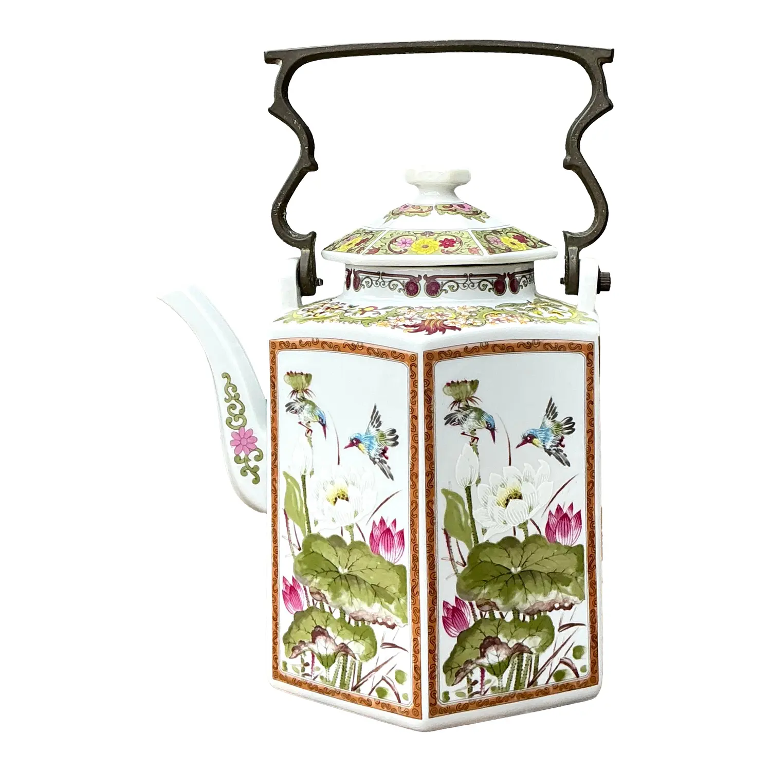 Vintage Chinoiserie Glazed Ceramic Botanical Tea Pot