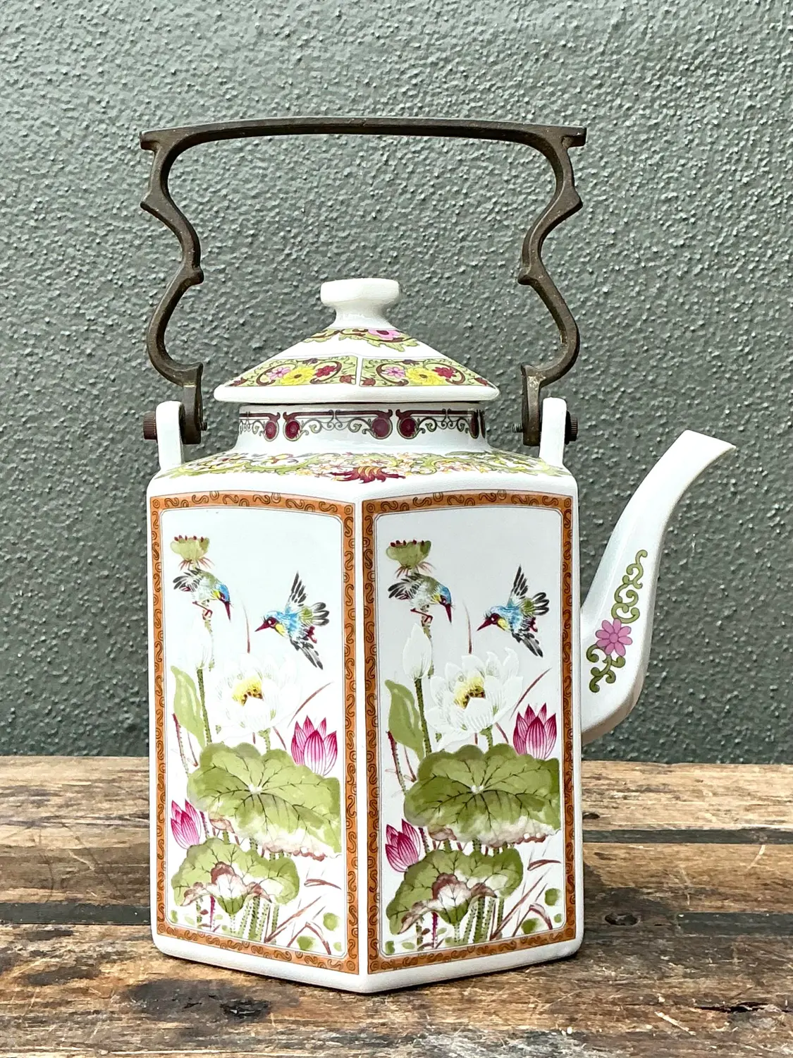 Vintage Chinoiserie Glazed Ceramic Botanical Tea Pot - Detail view