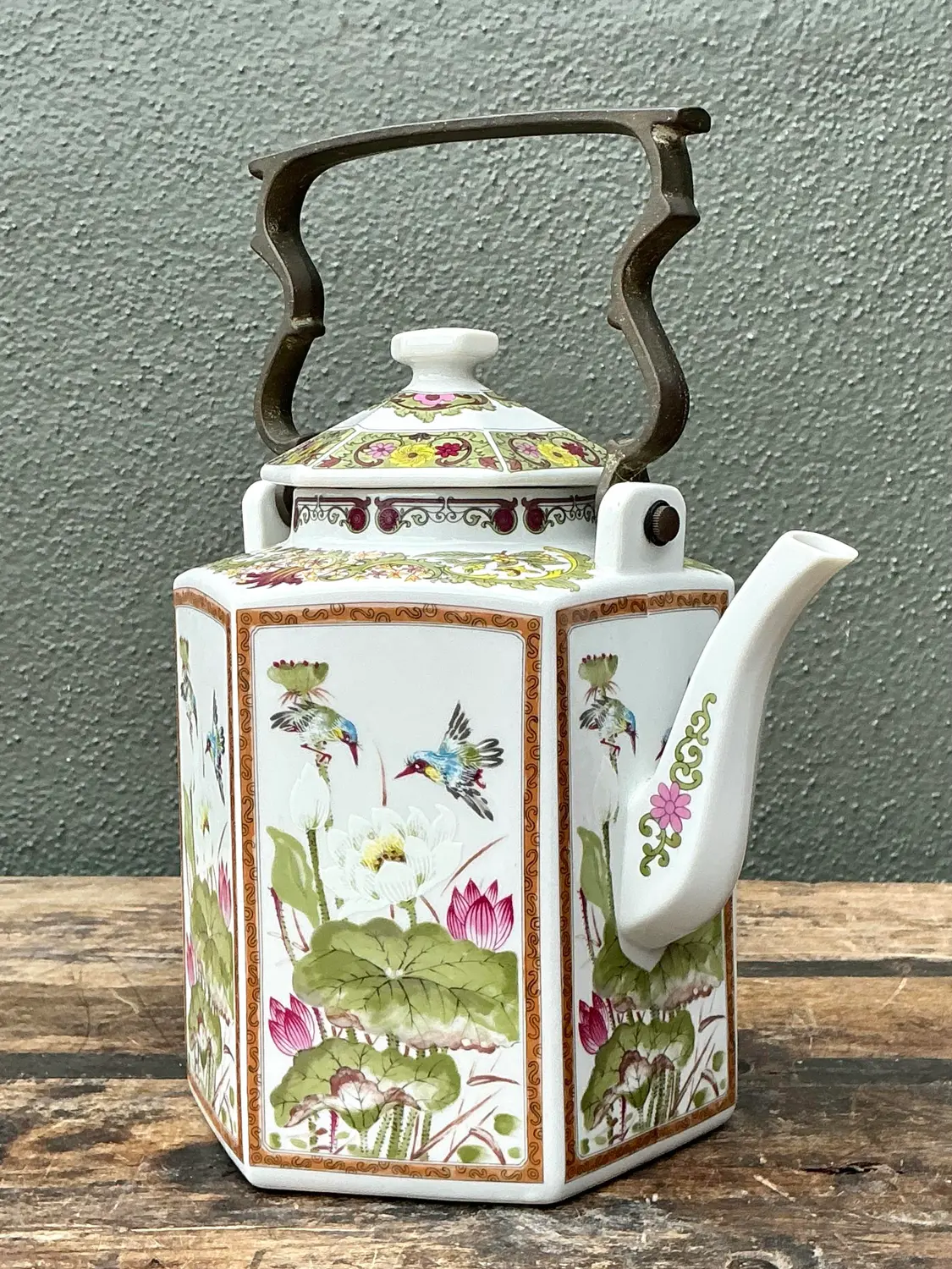 Vintage Chinoiserie Glazed Ceramic Botanical Tea Pot - Back view