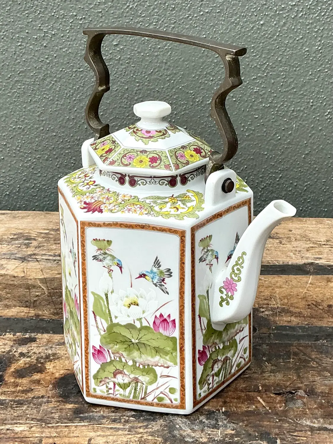 Vintage Chinoiserie Glazed Ceramic Botanical Tea Pot - Top view