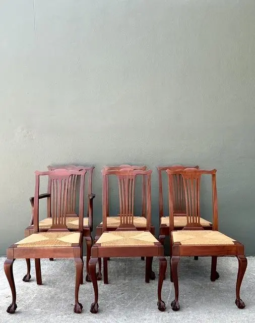 Vintage Chippendale Rush Seat Dining Chairs - Set of 6