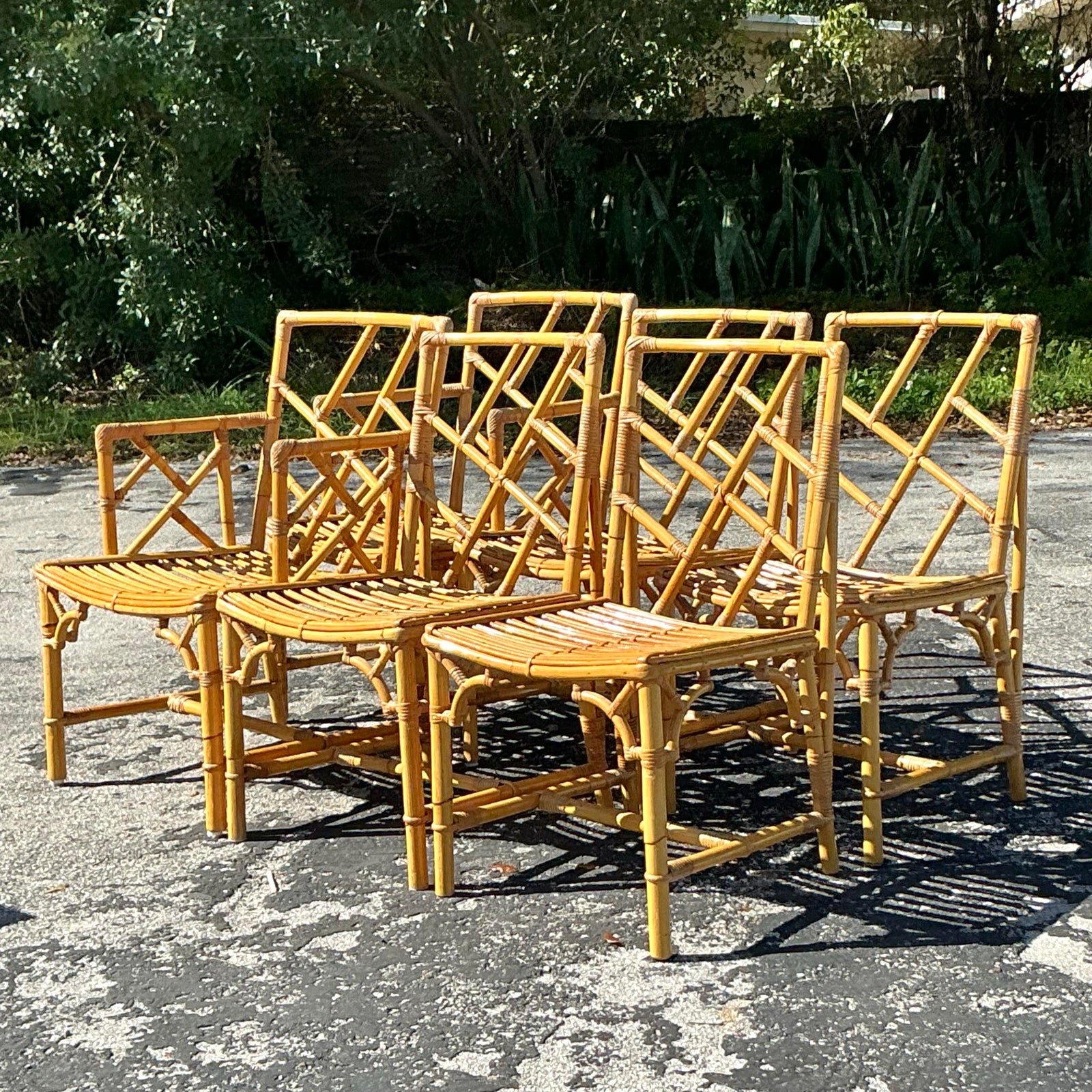 Vintage Coastal Chinese Chippendale Rattan Dining Set of 7 - Back view