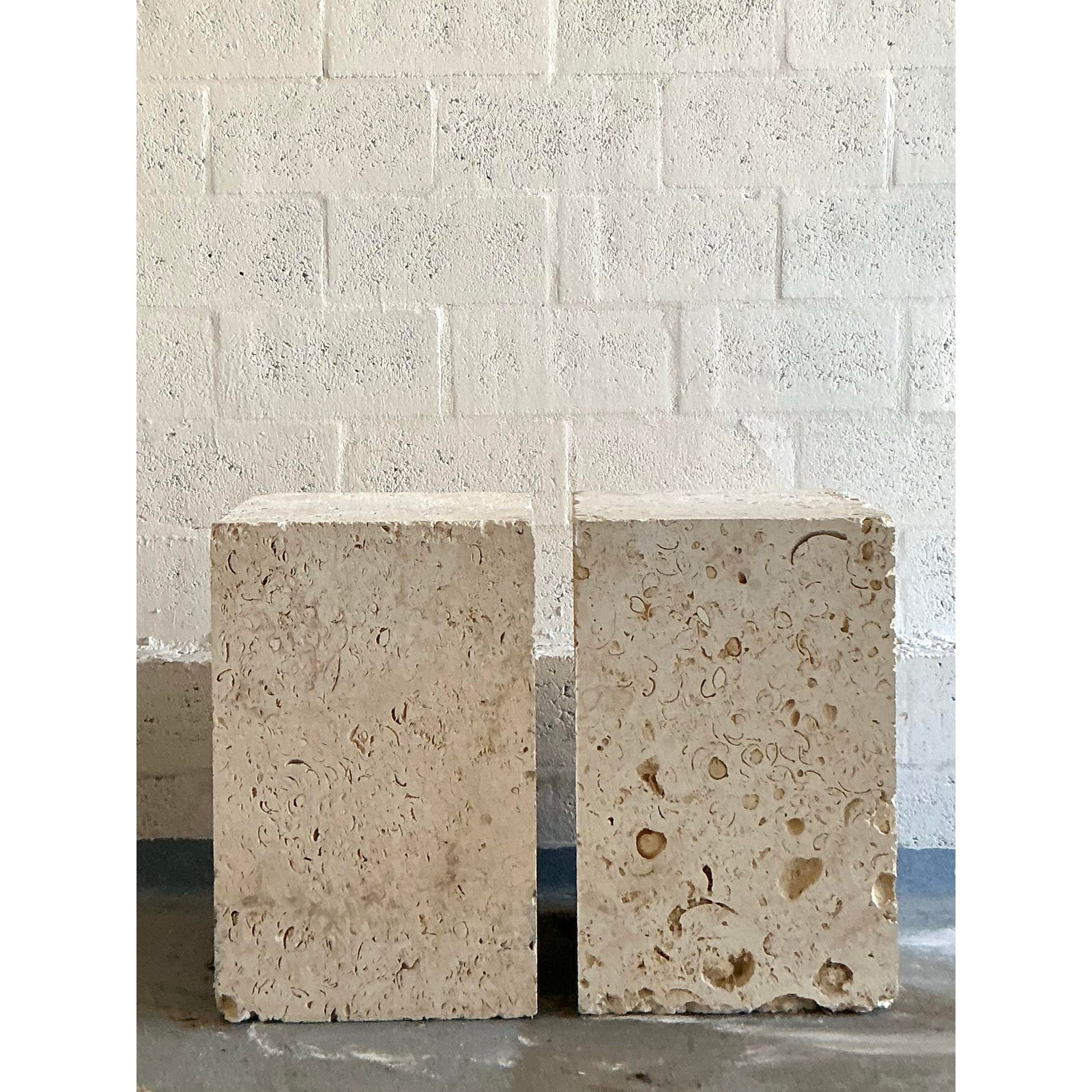 Vintage Coastal Coquina Block Dining Table Pedestal - Set of 2 - Top view