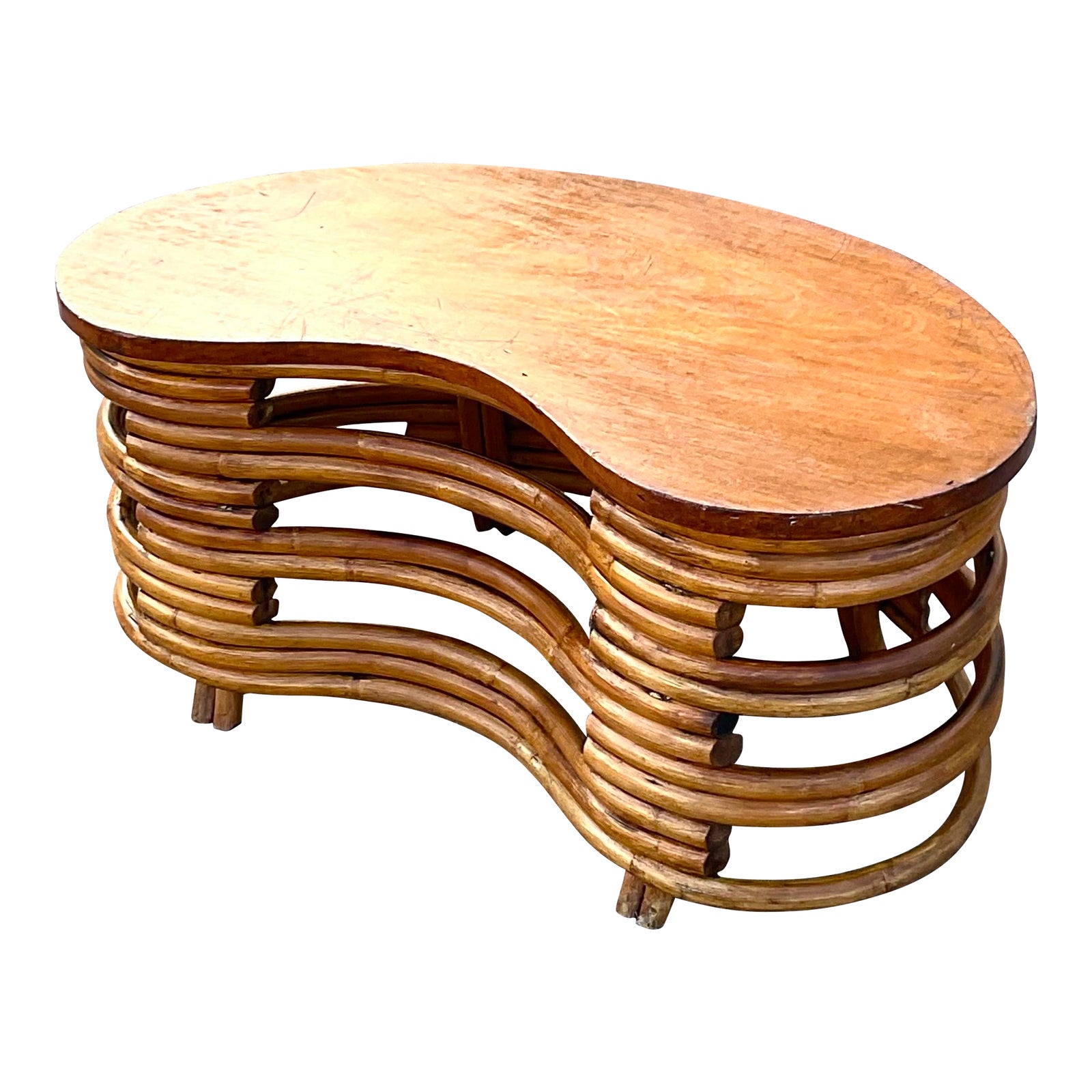 Vintage Coastal MCM Kidney Bean Rattan Coffee Table After Frankl - Detail view