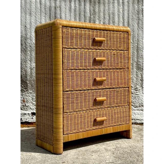Vintage Coastal Woven Rattan Chest of Drawers - Side view