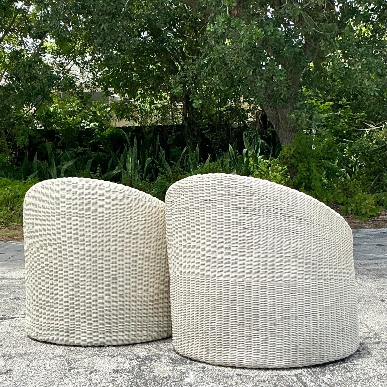 Vintage Coastal Woven Rattan Tub Chairs - a Pair - Side view
