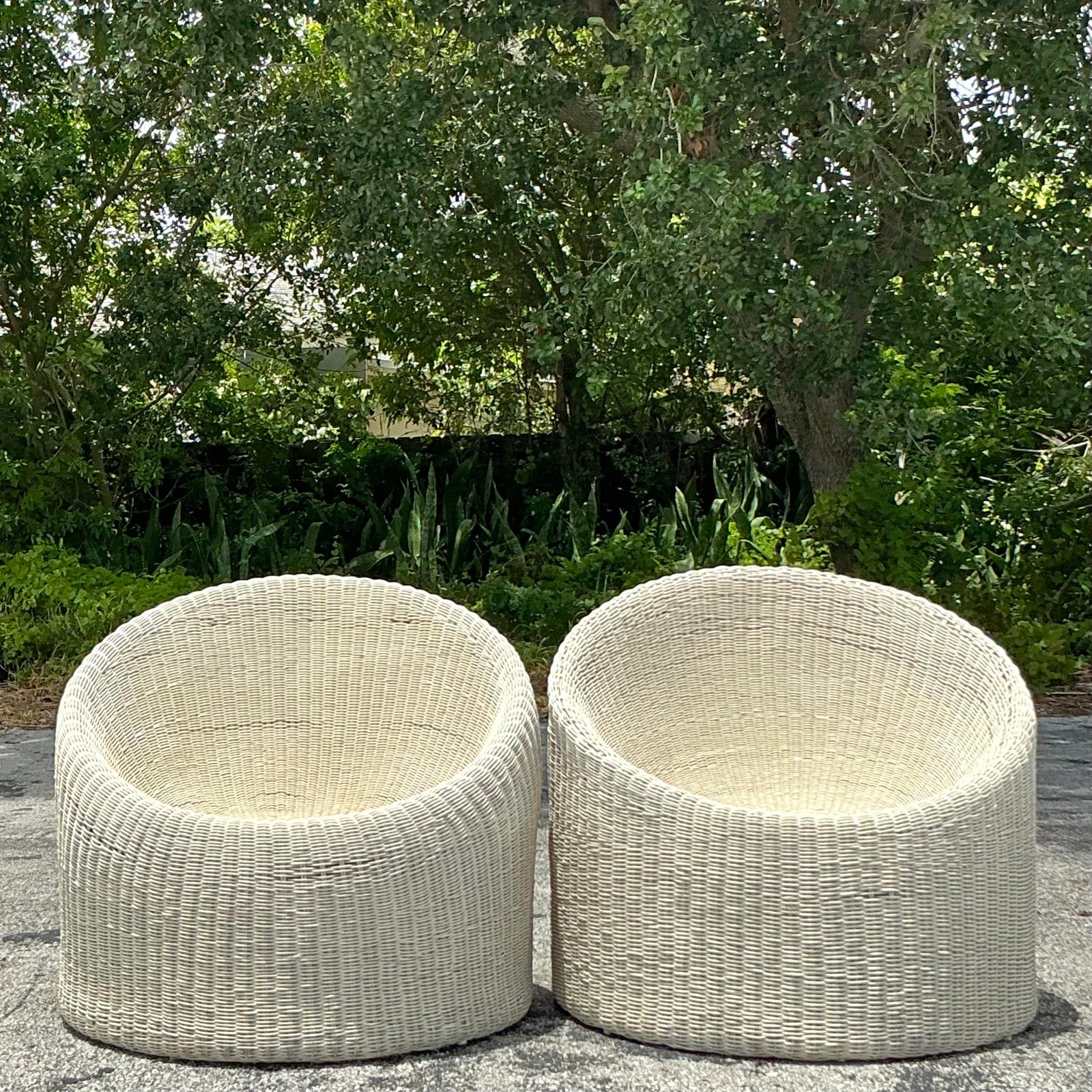 Vintage Coastal Woven Rattan Tub Chairs - a Pair - Back view