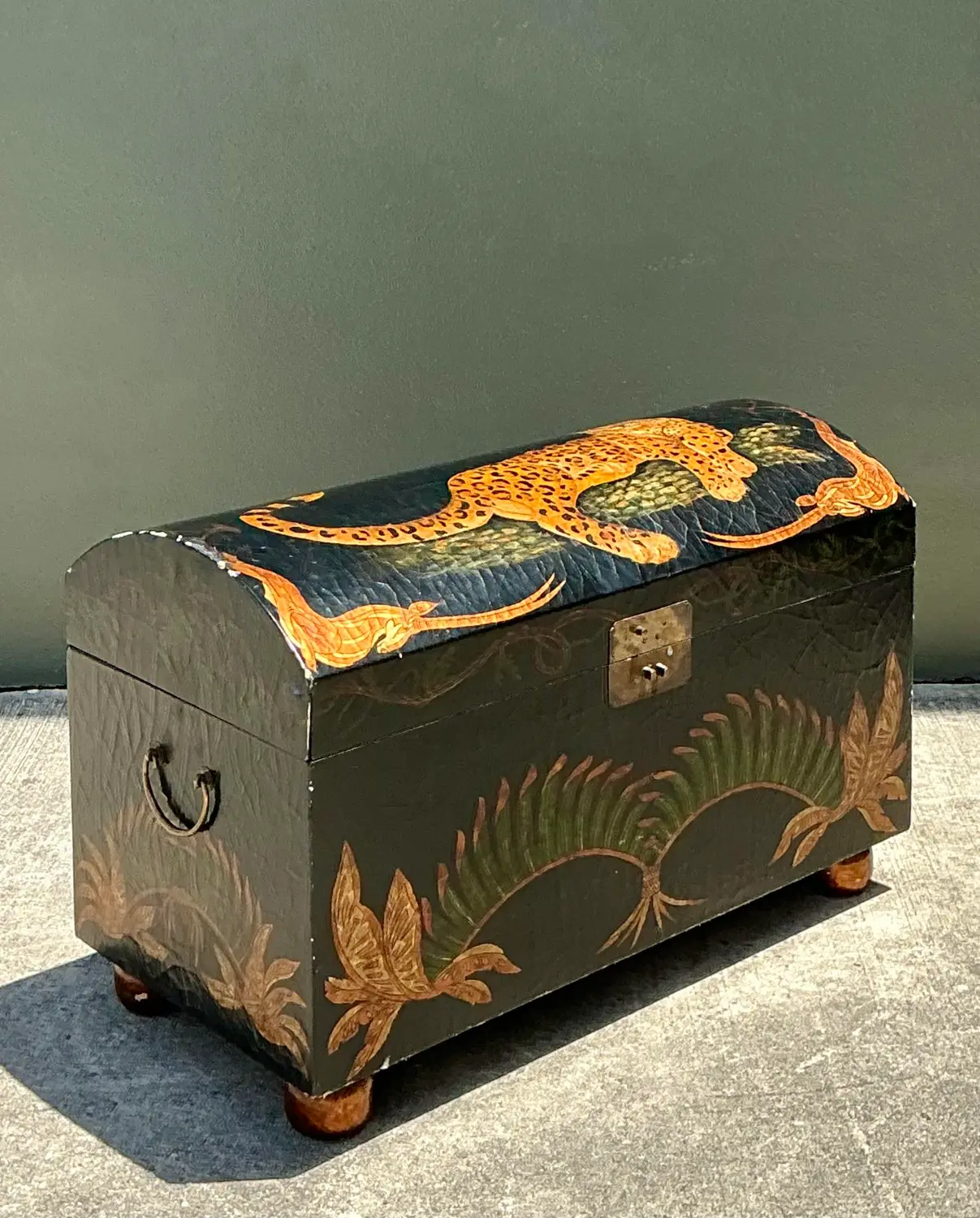 Vintage Crackle Finish Lounging Tiger Trunk - Detail view