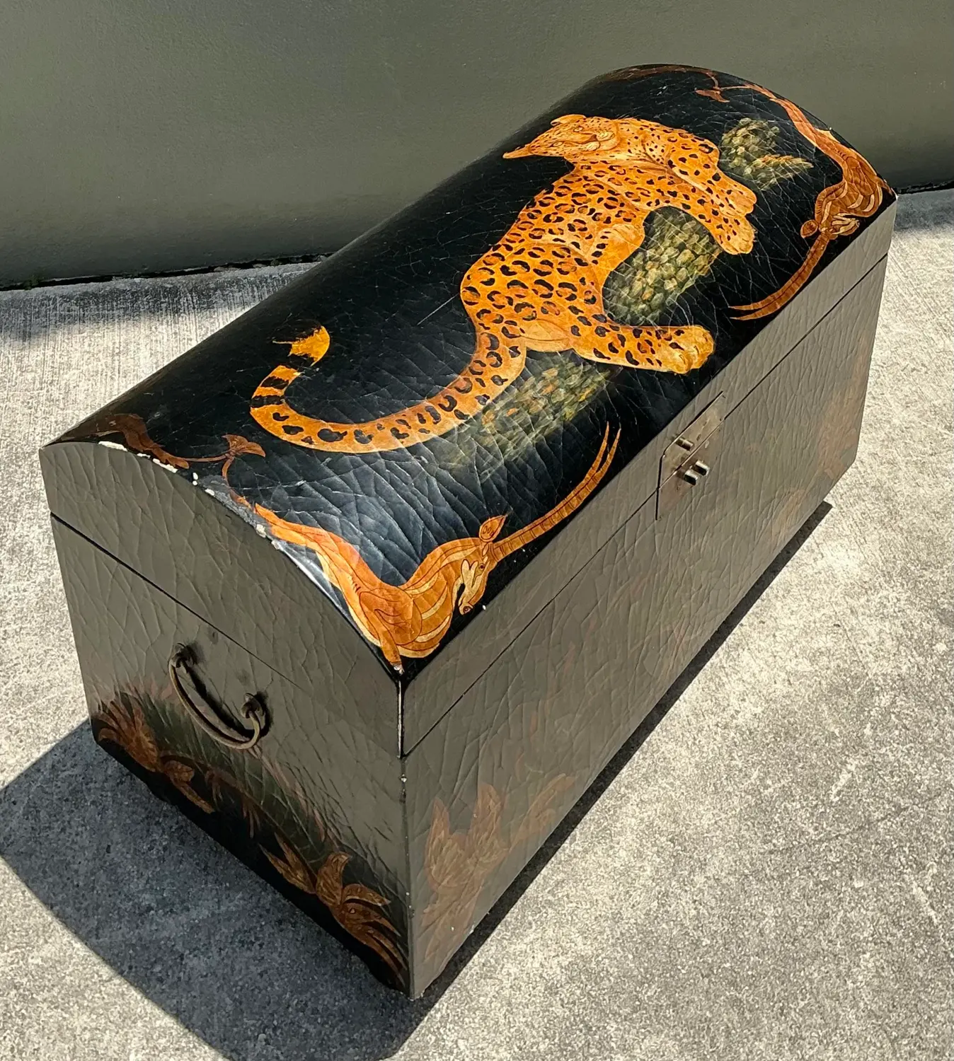 Vintage Crackle Finish Lounging Tiger Trunk - Side view