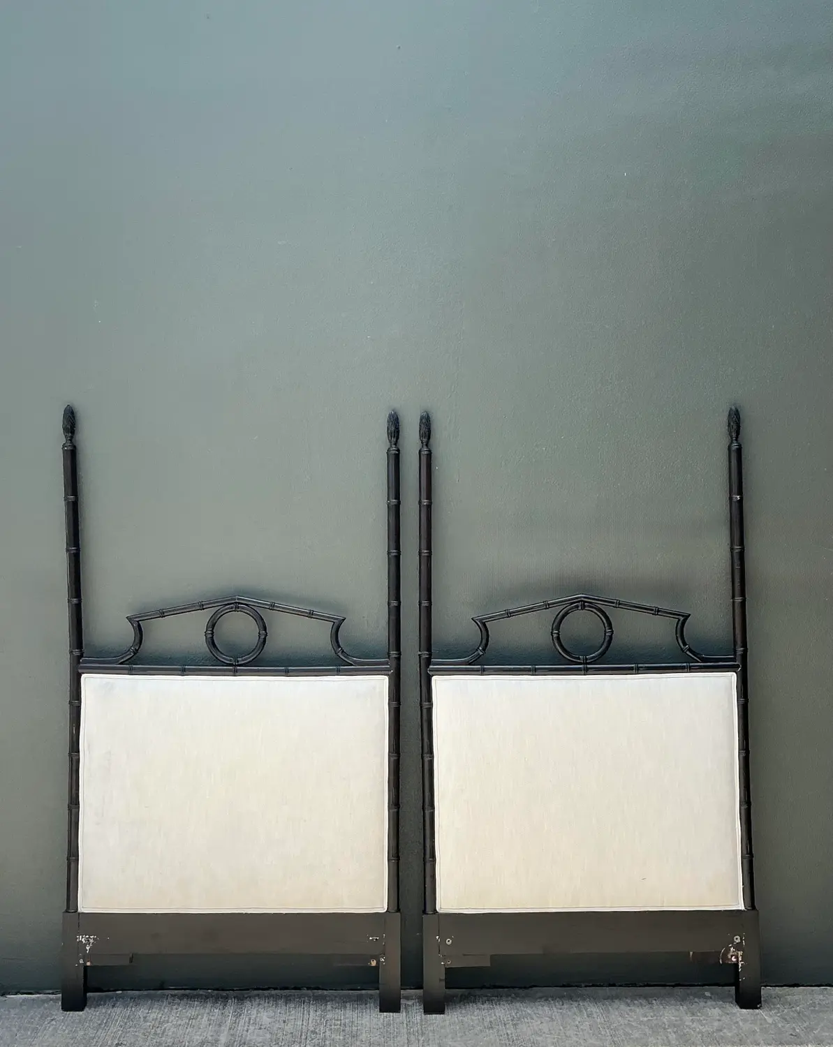 Vintage Faux Bamboo Pediment Twin Headboards - A Pair - Detail view