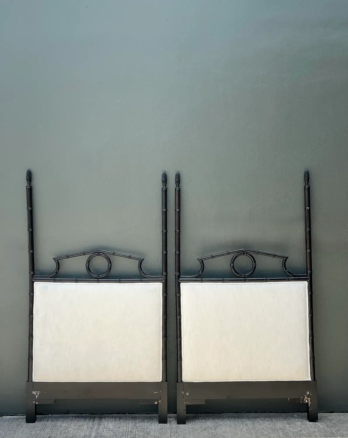 Vintage Faux Bamboo Pediment Twin Headboards - A Pair - Side view
