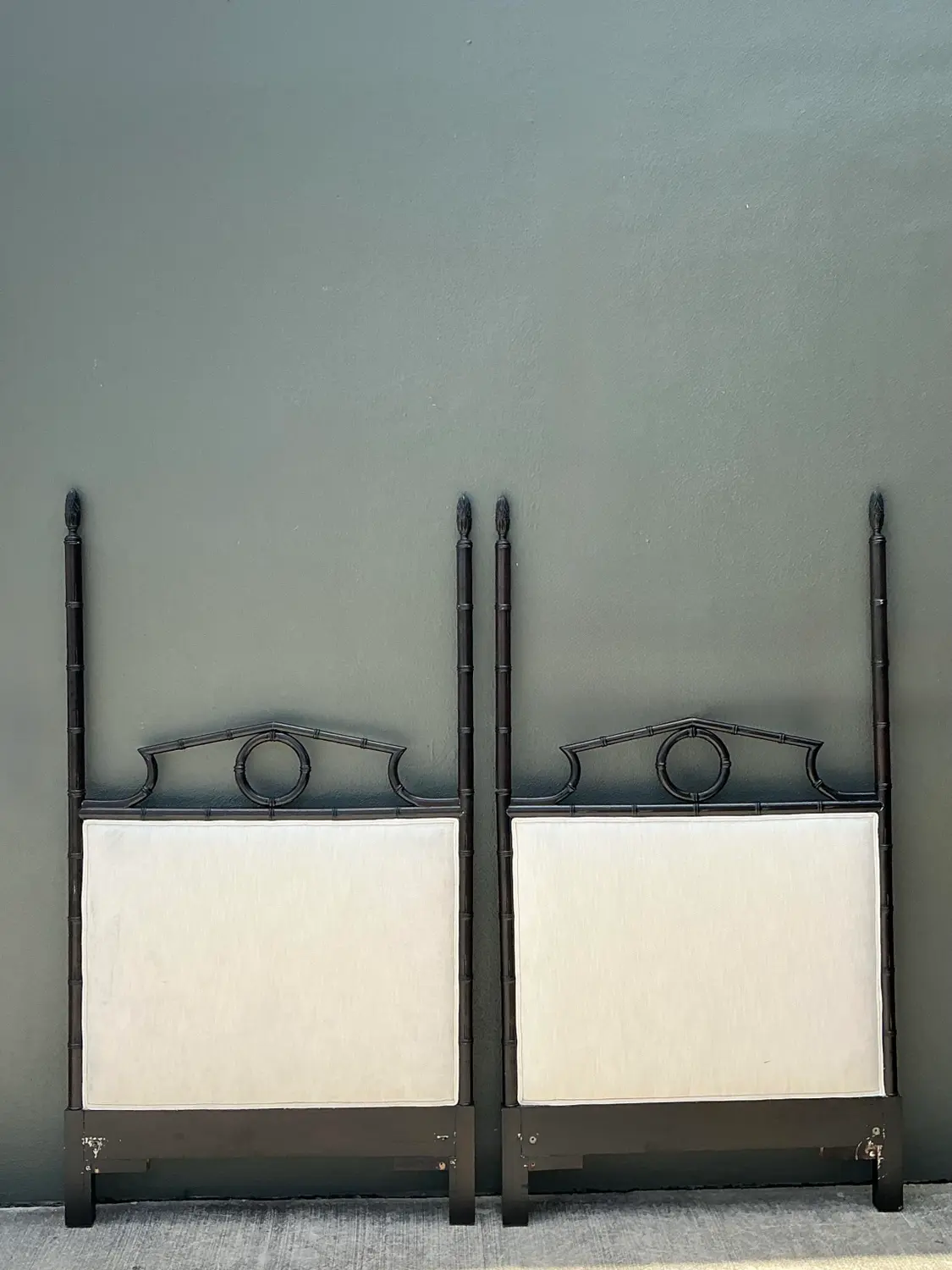 Vintage Faux Bamboo Pediment Twin Headboards - A Pair - Back view