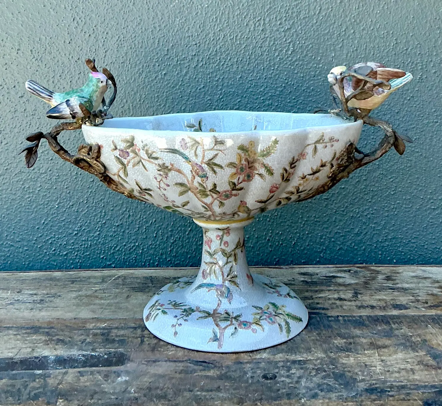 Vintage Floral Glazed Ceramic Pedestal Cache Pot - Ceramic, 17W x 11H