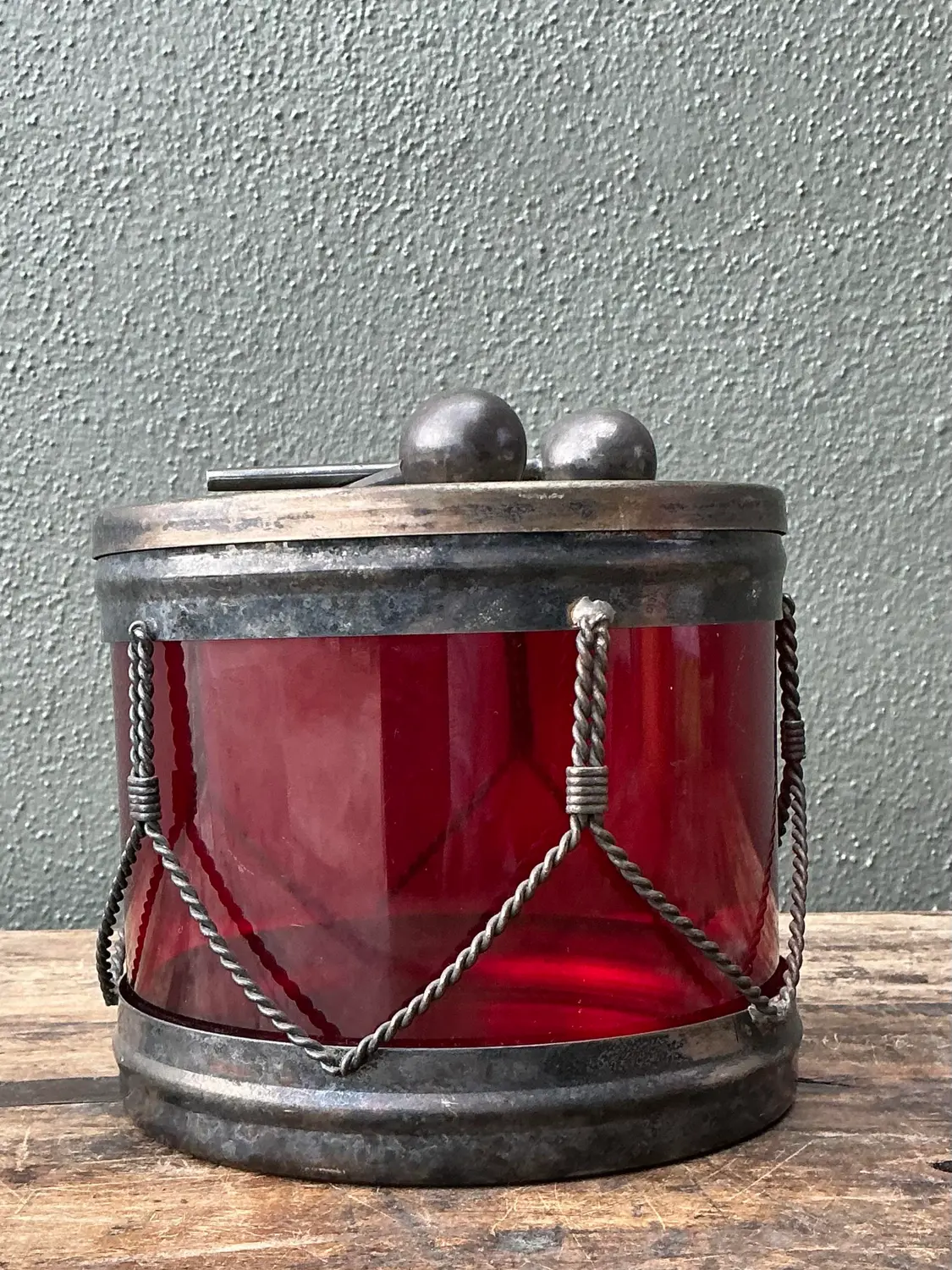 Vintage Glass Drum Lidded Jar - Back view