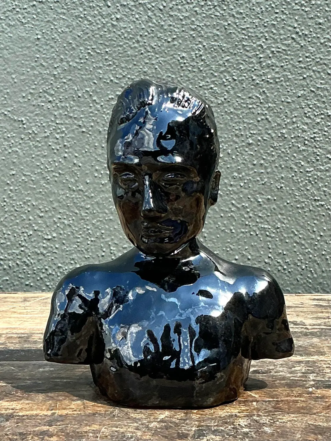 Vintage Glazed Ceramic Bust of Man - Ceramic, 5.25W x 6.5H - Top view