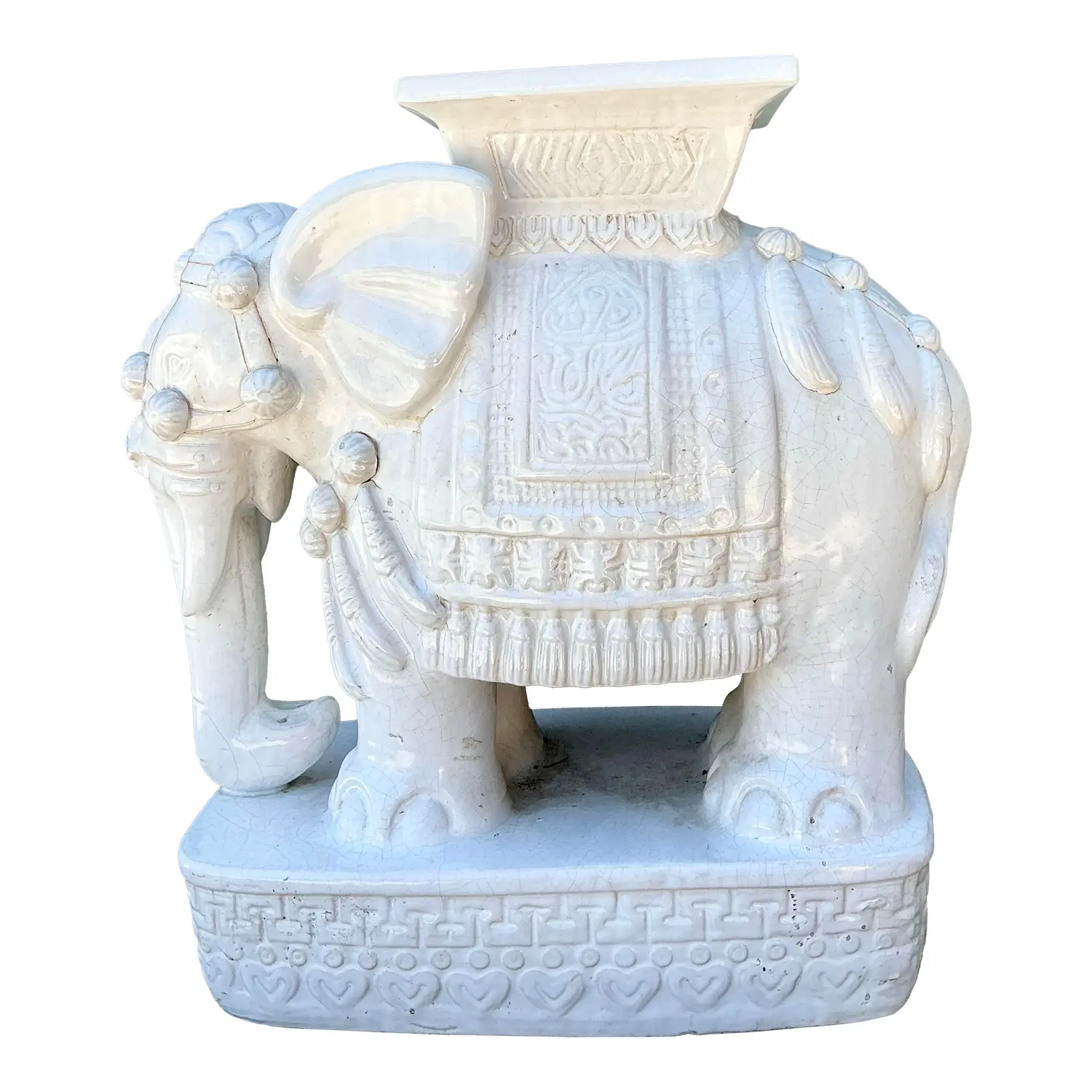 Vintage Glazed Ceramic Elephant Low Stool