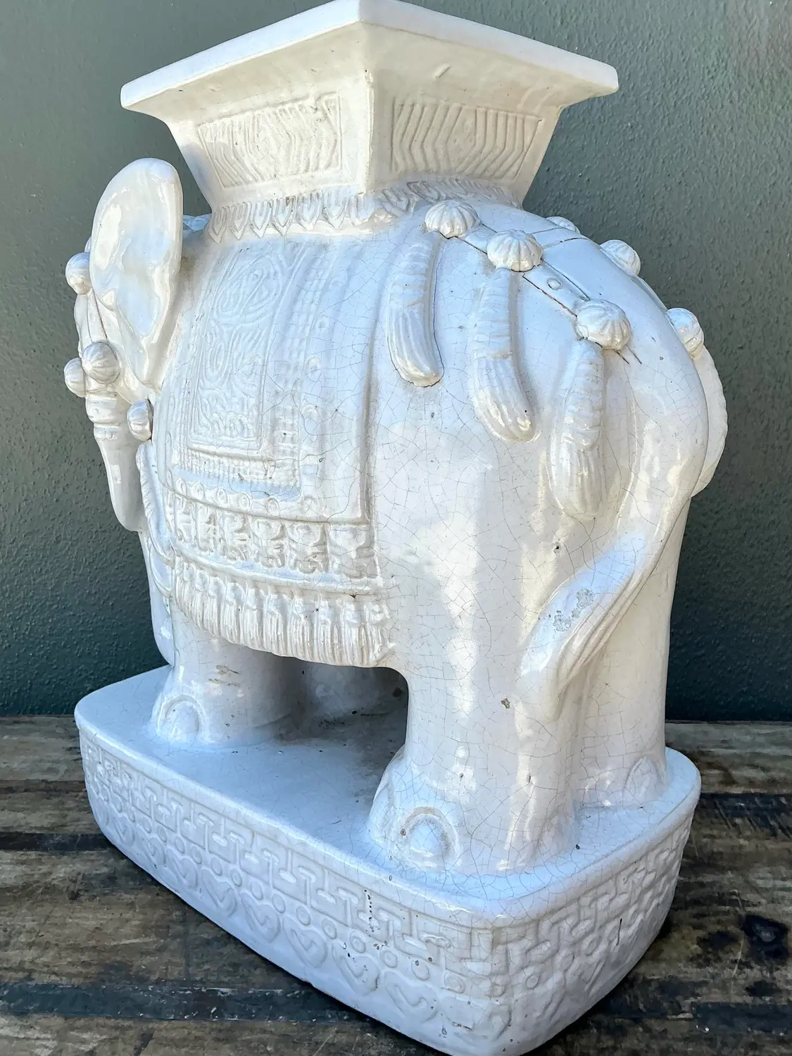 Vintage Glazed Ceramic Elephant Low Stool - Detail view