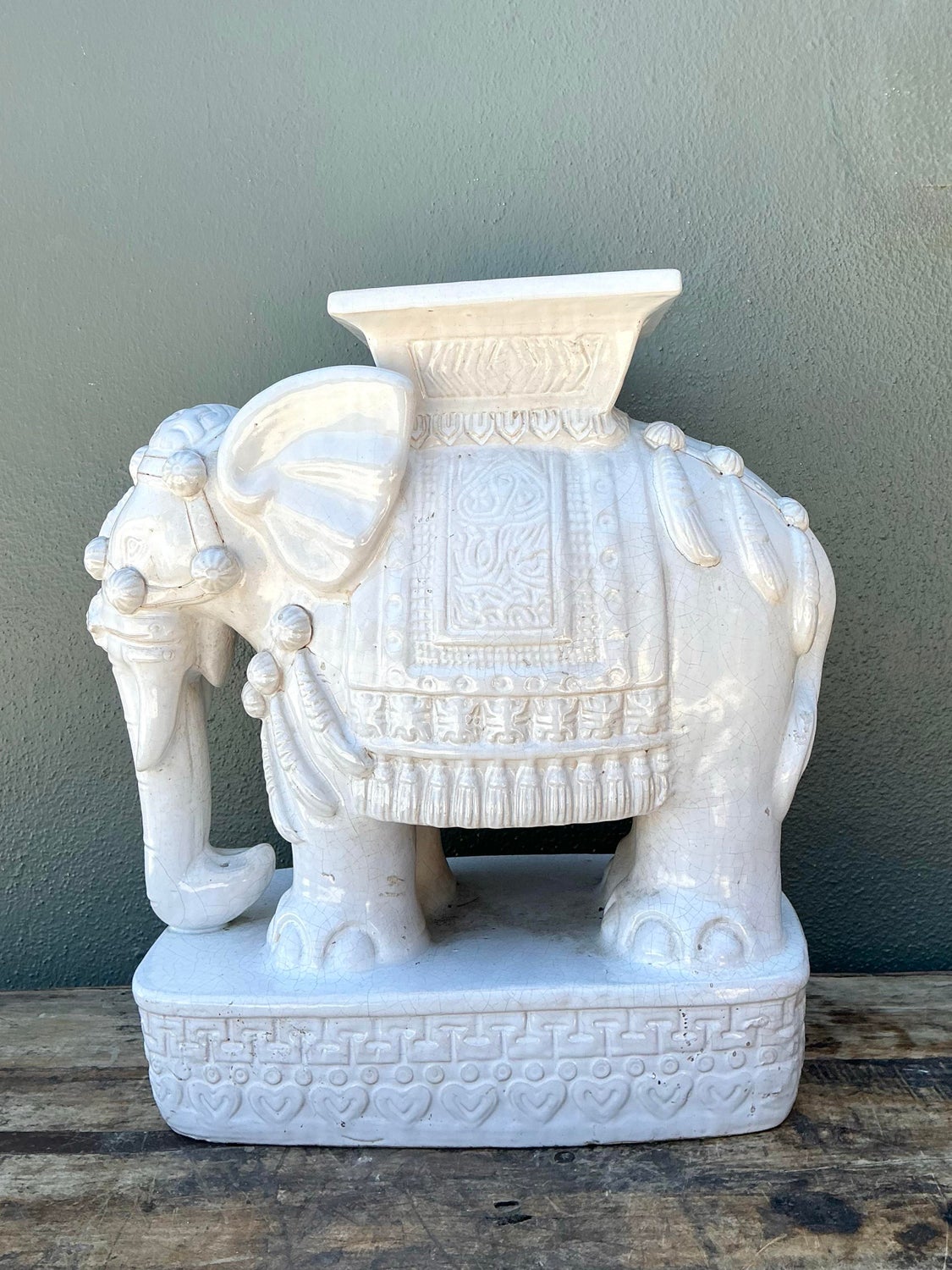 Vintage Glazed Ceramic Elephant Low Stool - Side view