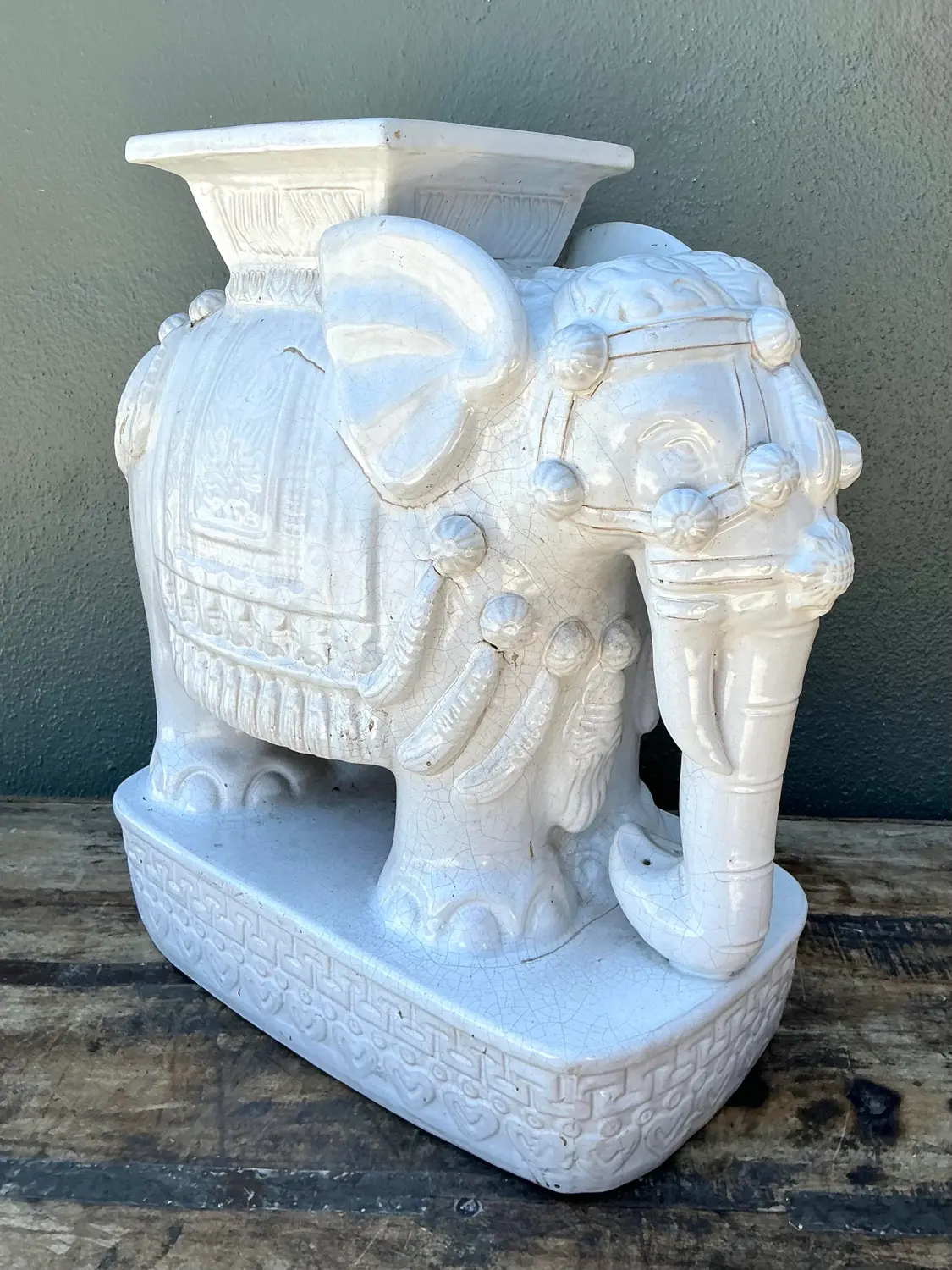 Vintage Glazed Ceramic Elephant Low Stool - Back view
