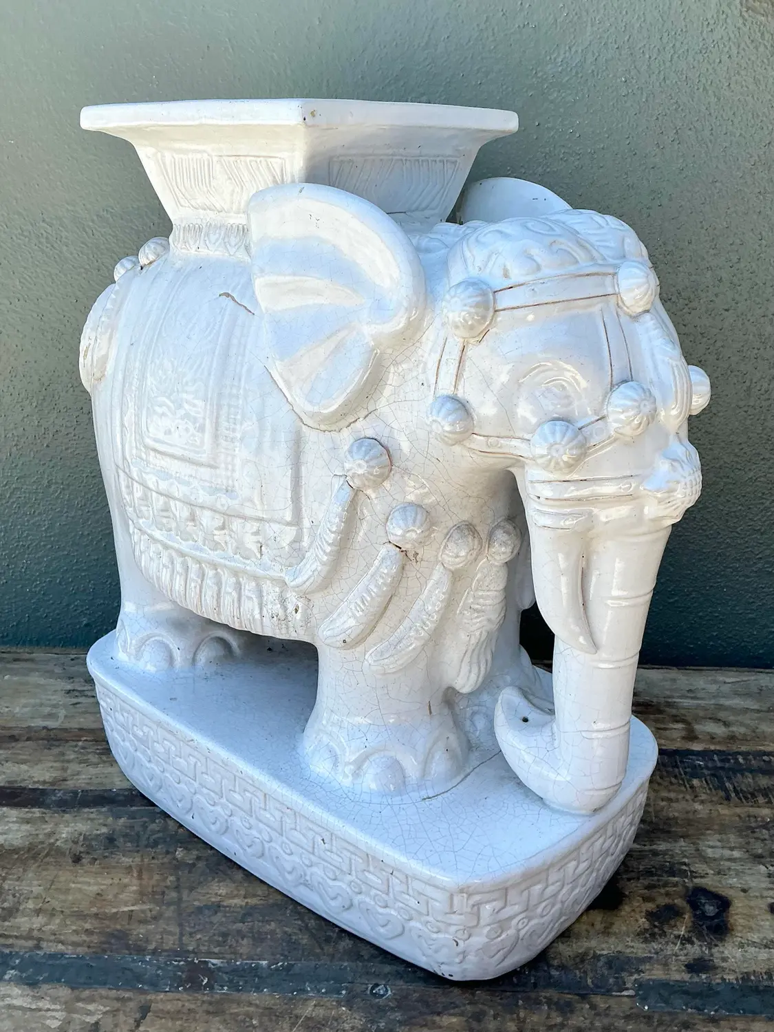 Vintage Glazed Ceramic Elephant Low Stool - Top view